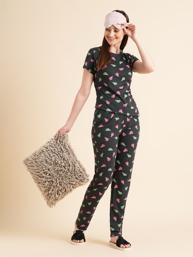 Sweet Dreams Women Printed Half Sleeves Top & Bottom Set Dark Green - XXL