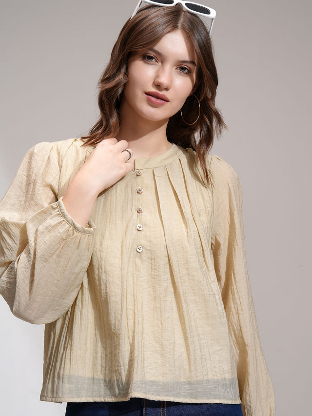 Buy Tokyo Talkies Women's Solid Bishop Sleeve Pleated Top | Khaki
