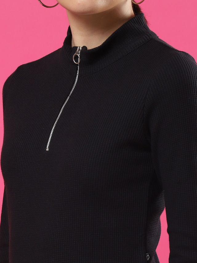 Rigo Women High Collar Half Zipper Waffle Knit Top | Black - L