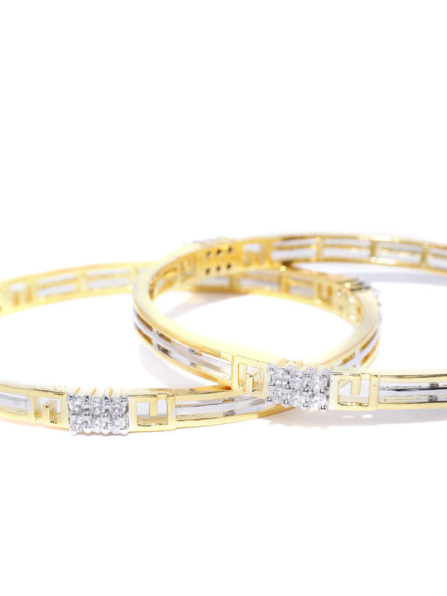 Priyaasi Dual Toned Ad Studded Geometric Pattern Bangles Set Of 2
