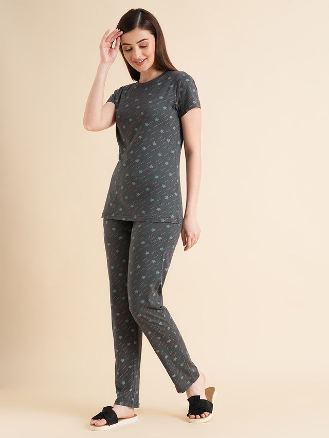 Sweet Dreams Women Printed Half Sleeves Top & Bottom Set Dark Grey - XL