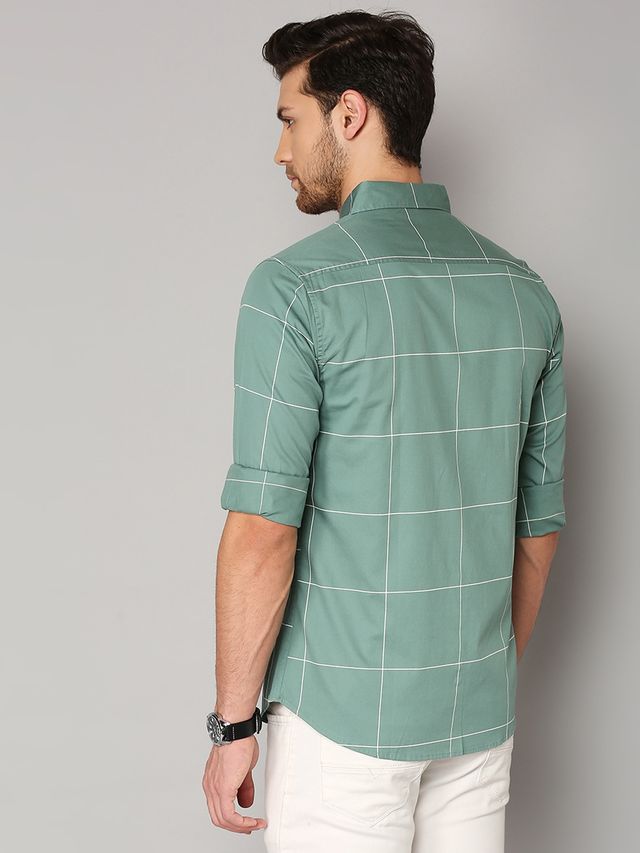 Dennis Lingo Men's Windowpane Checked Slim Fit Casual Shirt | Green | S