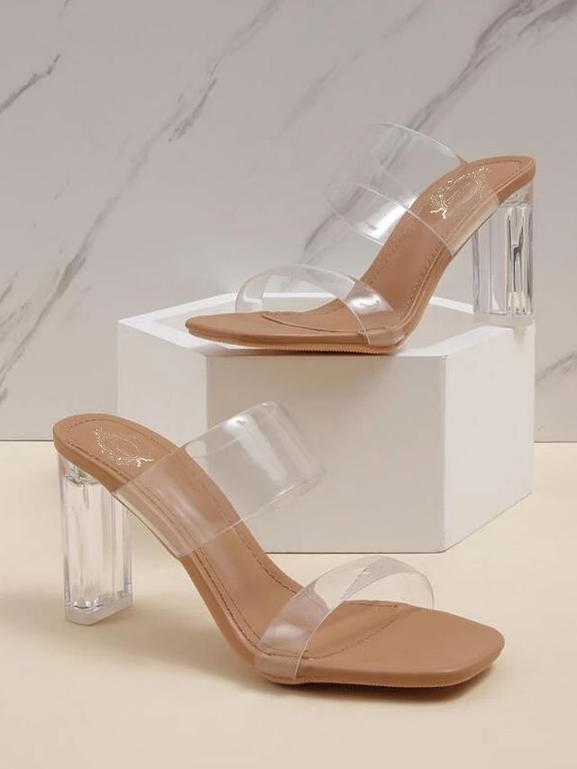 Shoetopia Women's Transparent Detailed Block Heels | Beige - UK 3