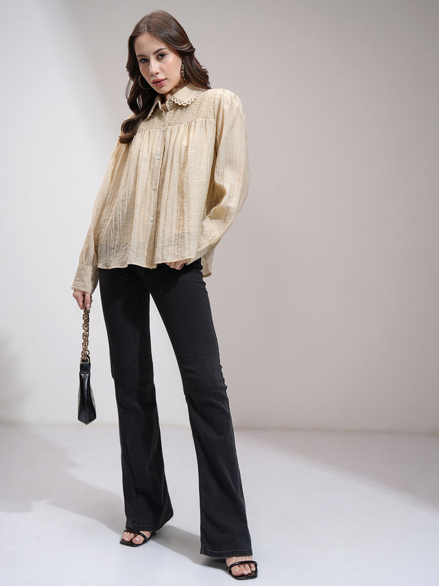 Buy Tokyo Talkies Women's Solid Smocked Shirt Top | Khaki - L