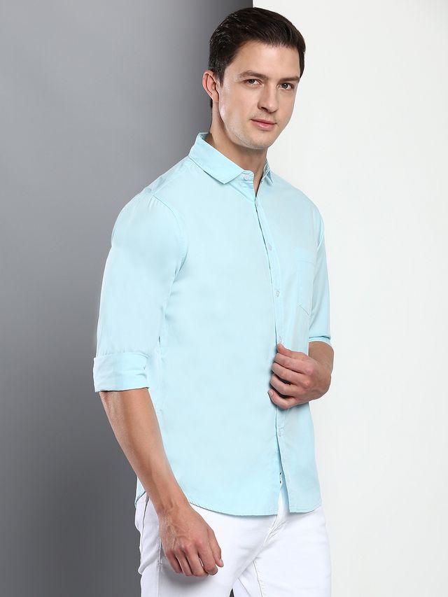 Dennis Lingo Men's Cotton Solid Slim Fit Casual Shirt | Turquoise Blue | L