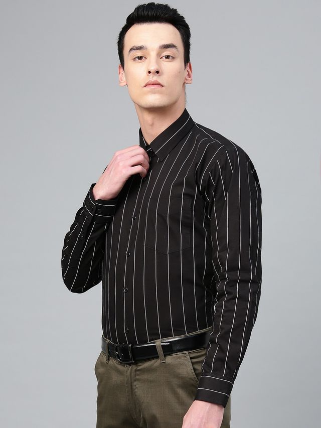 Hancock Men Black Striped Pure Cotton Slim Fit Formal Shirt-44