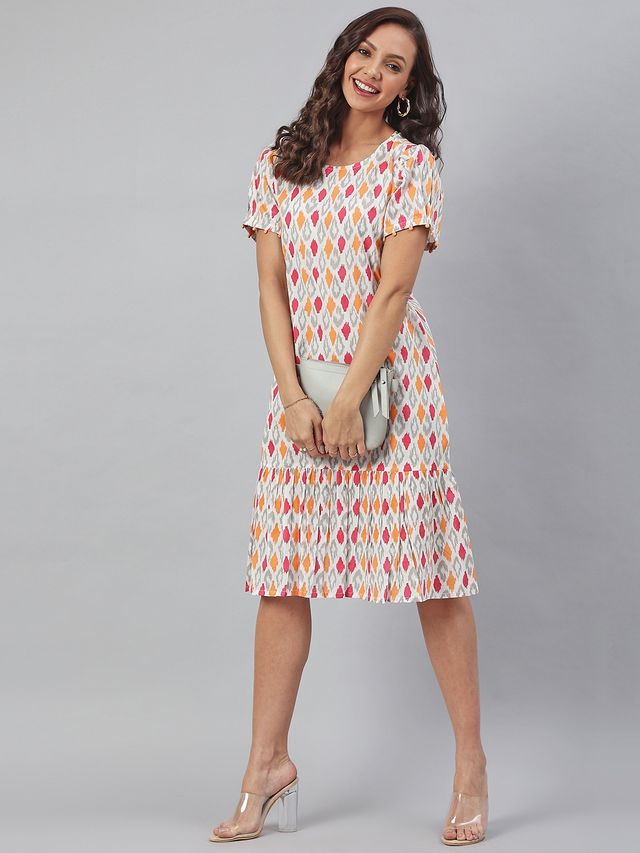 Janasya Women's Off White Pure Cotton Printed A-line Western Dress - 2XL