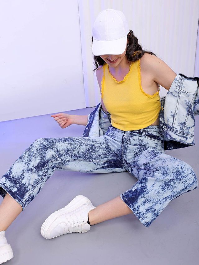 Freehand Women's Tie And Dye Wide Leg Denim Jeans | Blue - 34