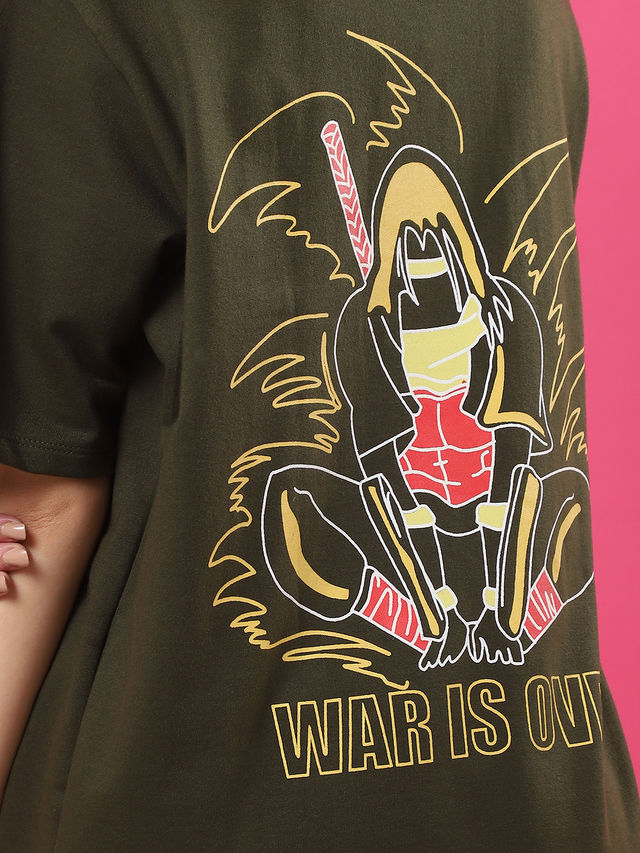 Rigo Women Terry Oversized Printed T-shirt | Army Green - L