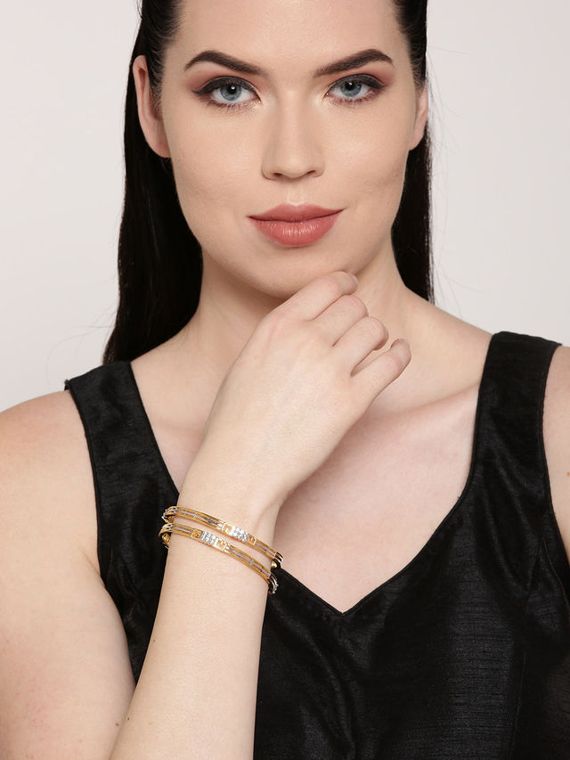 Priyaasi Dual Toned Ad Studded Geometric Pattern Bangles Set Of 2