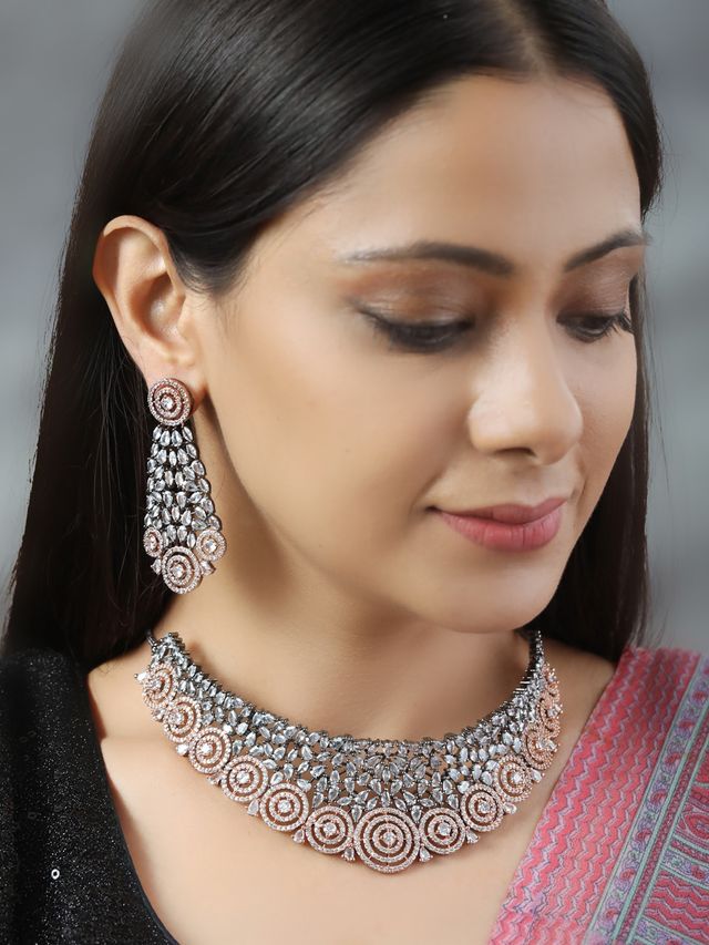 Priyaasi Grey American Diamond Cubic Zirconia Rose Gold Plated Choker Set