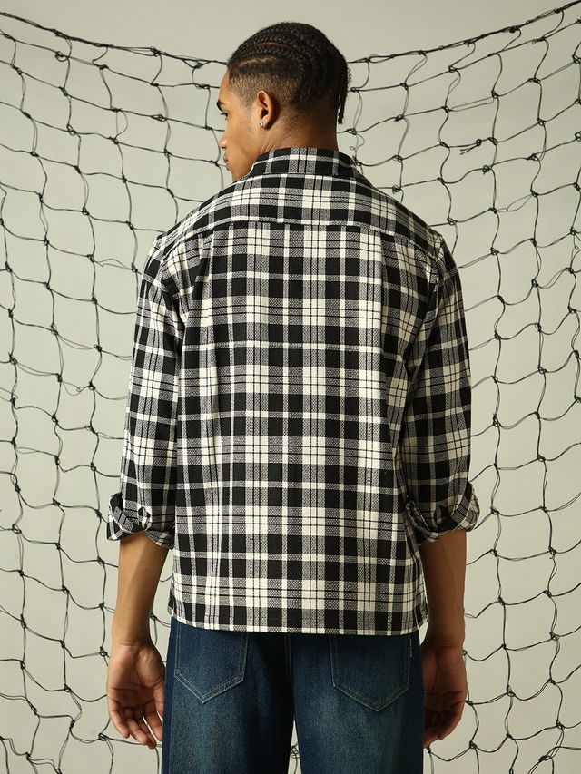 Hubberholme Men's Tartan Checked Double Pockets Textured Oversized Casual Shirt | Multicolor - 44