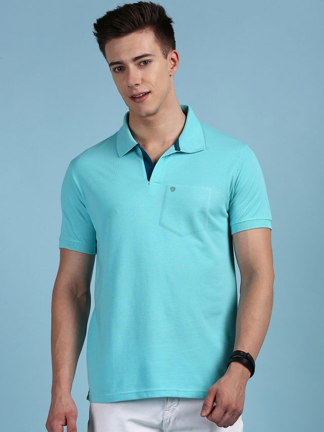 Lux Cozi Men's Solid Cotton Polo T-shirt with Pocket | Pool Blue - L