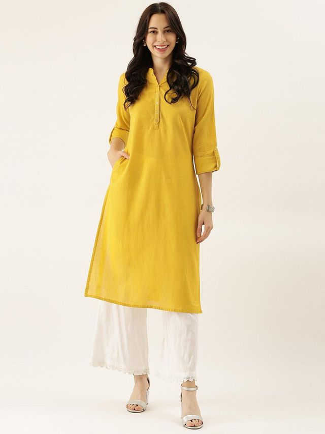 Divena women's Yellow Solid Straight Roll up Sleeve Kurti DK0565 | XL
