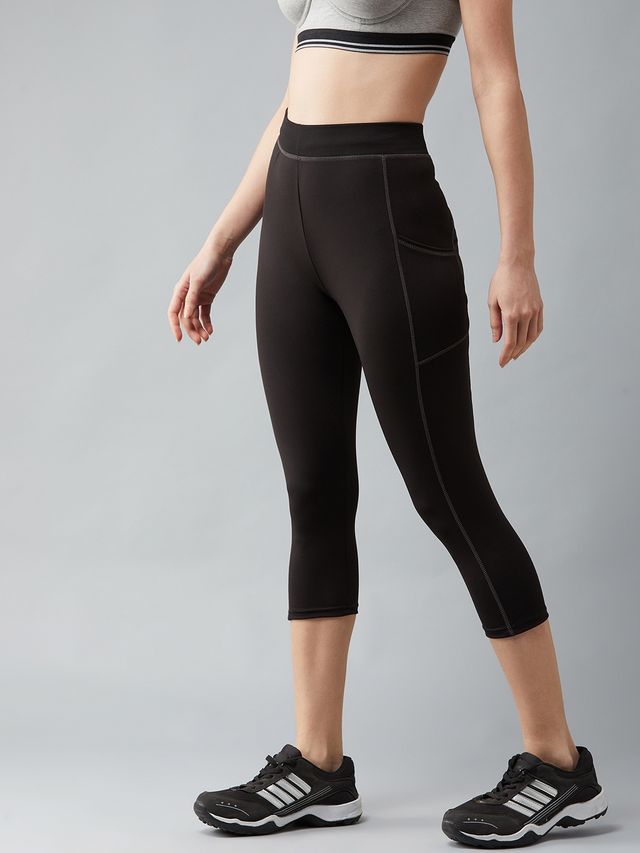 Blinkin Women's 3/4 Gym Tights - Black | Grey | With Side Pockets | Perfect For Yoga | L