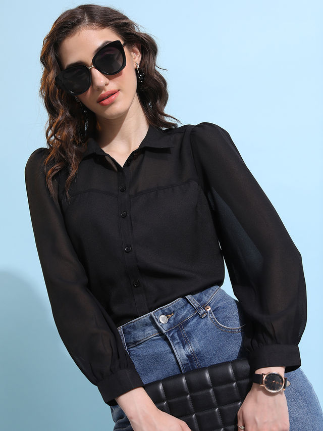 Tokyo Talkies Women's Collar Puff Sleeve Shirt Style Top | Black - S