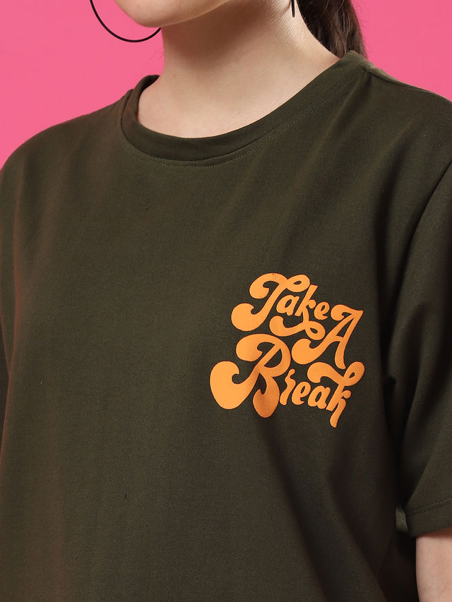 Rigo Women Terry Oversized Back T-shirt | Army Green - M