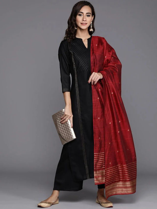 Libas Women Black Solid Kurta And Black Solid Palazzo With Maroon Silk Dupatta - 20231Os