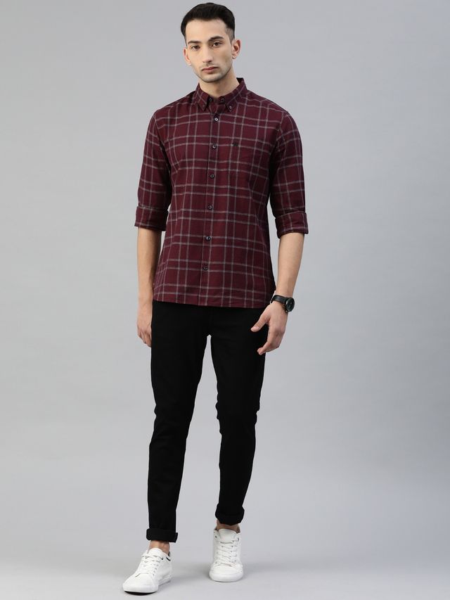 The Bear House Men Slim Fit Checked Button-Down Casual Shirt - Andreas | Maroon | L