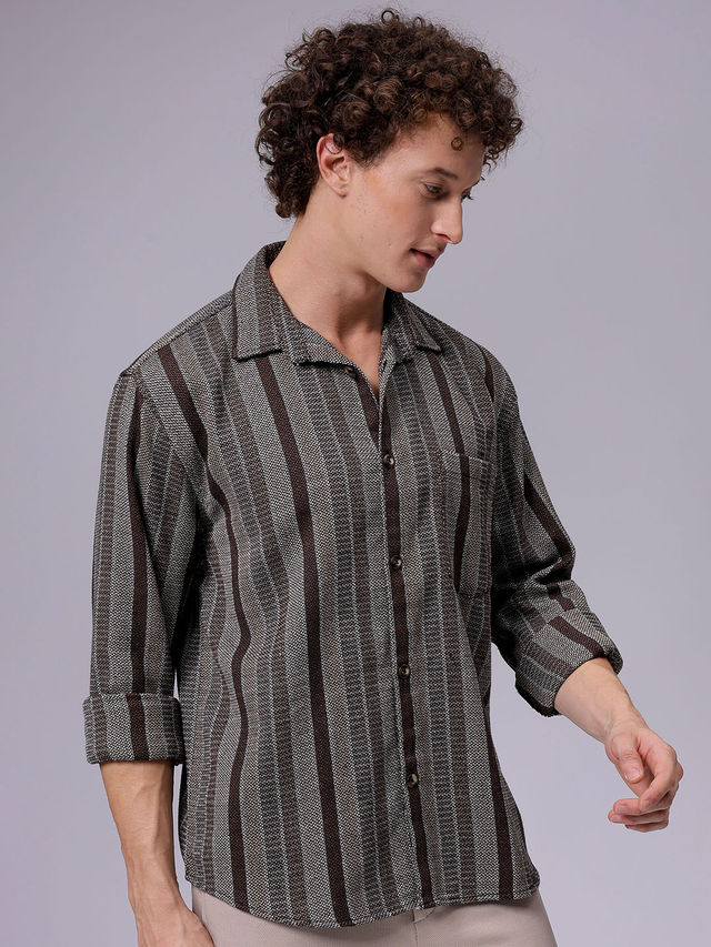 The Indian Garage Co Men's Relaxed Fit Striped Resort Shirt | Khaki - L