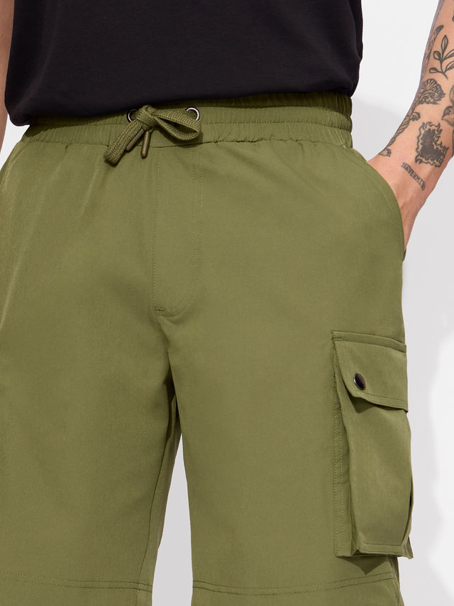The Souled Store Men's Solids Cargo Shorts | Military Olive - L