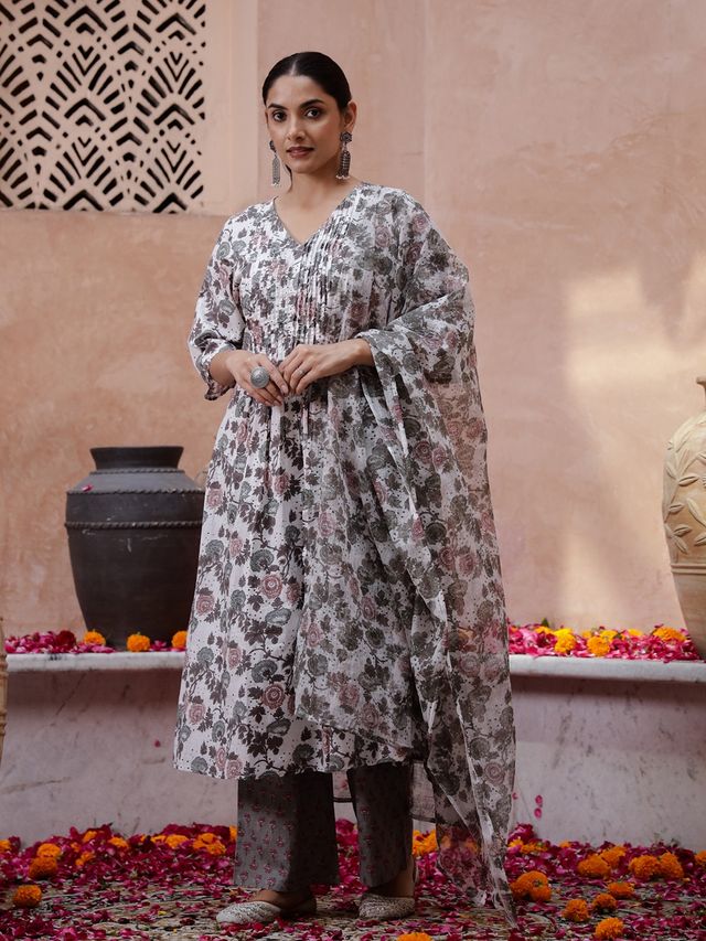 Rangdeep Floral Printed A-Line Pure Cotton Kurta with Trousers for Women s | Off White | XL
