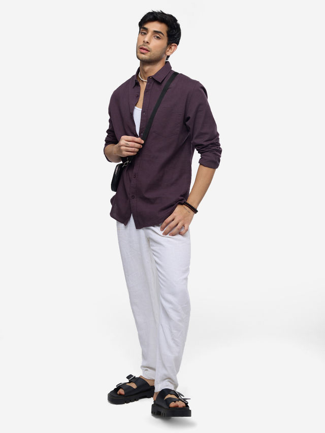 The Souled Store Men's Regular Cotton Linen- Berry Shirts | Purple | L