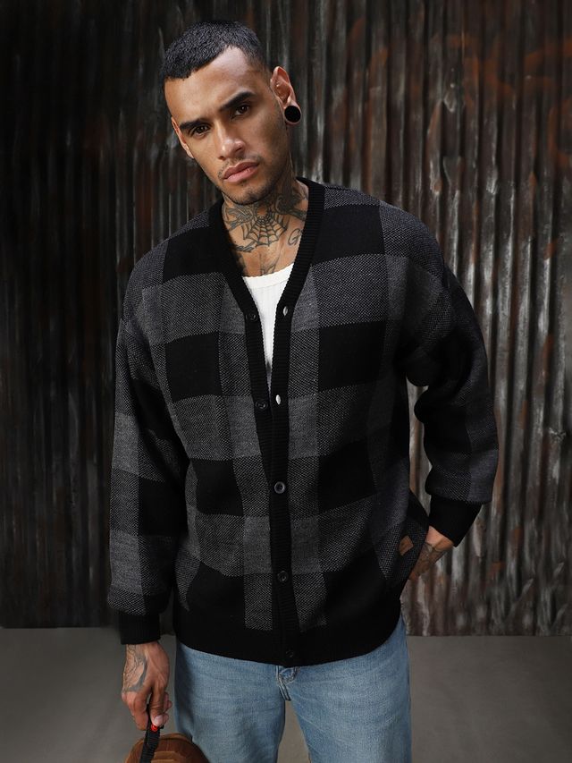 High Star Men's Checked Oversized Fit Cardigan Sweater | Grey - XL