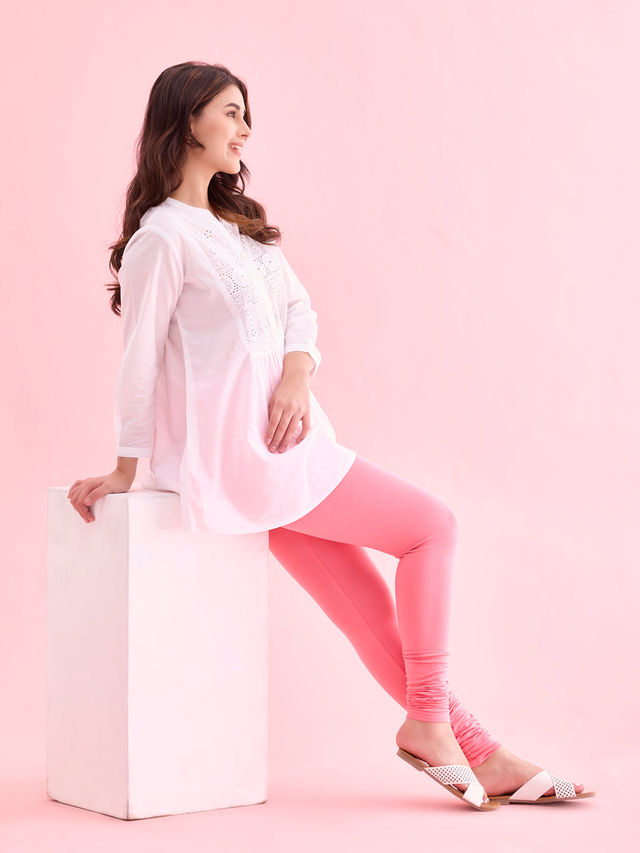 Go Colors Women's Solid Mid Rise Churidar | Light Pink - 2XL