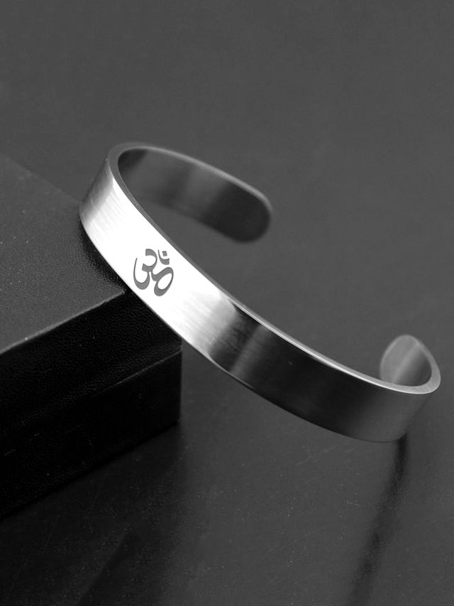 Yellow Chimes Silver Toned High Polished Om Kada for Men