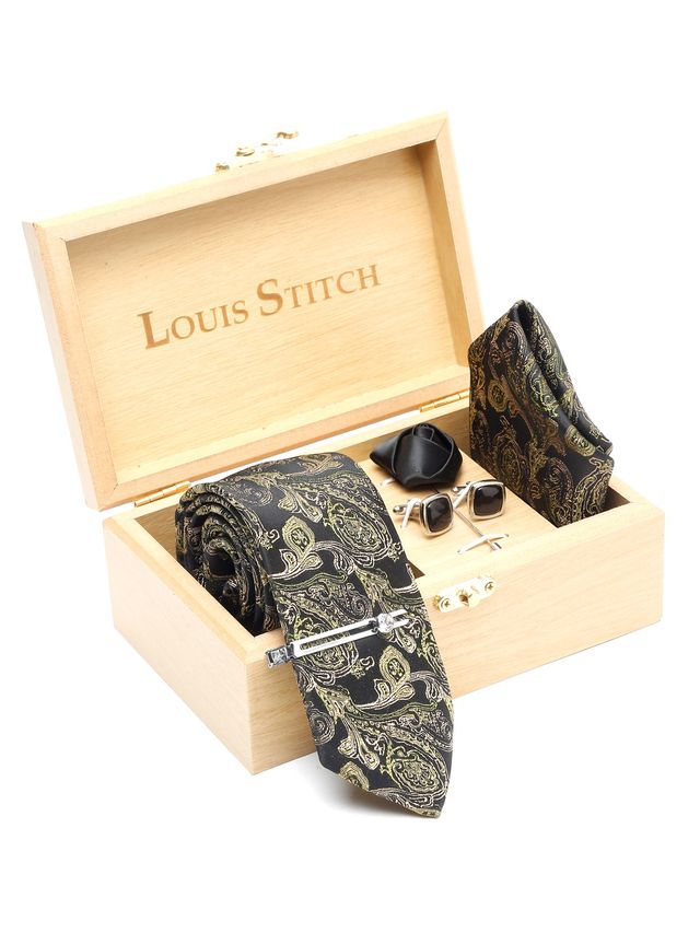 Louis Stitch Men's Floral Silk Necktie Set | Green - One Size