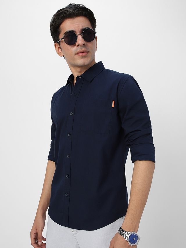 Urbano Fashion Men's Navy Cotton Full Sleeve Regular Fit Casual Solid Shirt-S