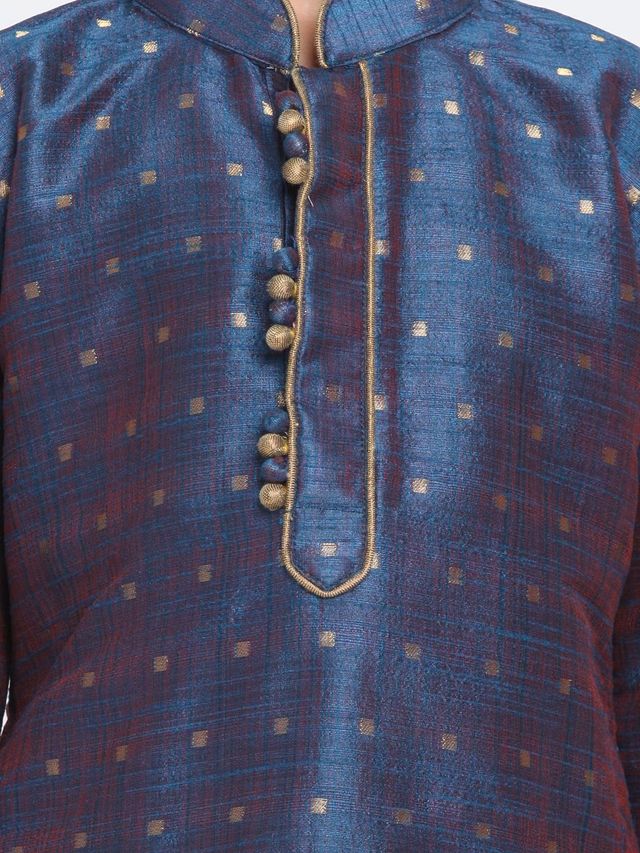 Vastramay Boy's Silk Blend Kurta Pyjama Set | Persian Blue & Rose Gold - 9 to 10 years