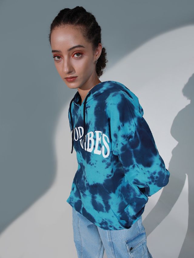 Hubberholme Women's Typography Printed Hooded Long Sleeve Sweatshirt | Blue - S