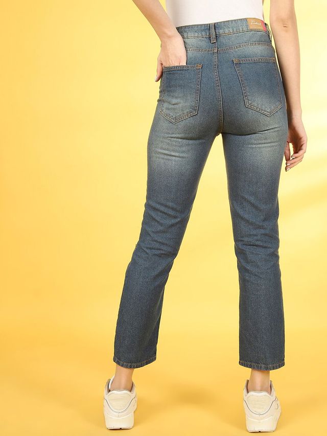 Freehand Women's Distress Straight Fit Jeans | Blue - 28