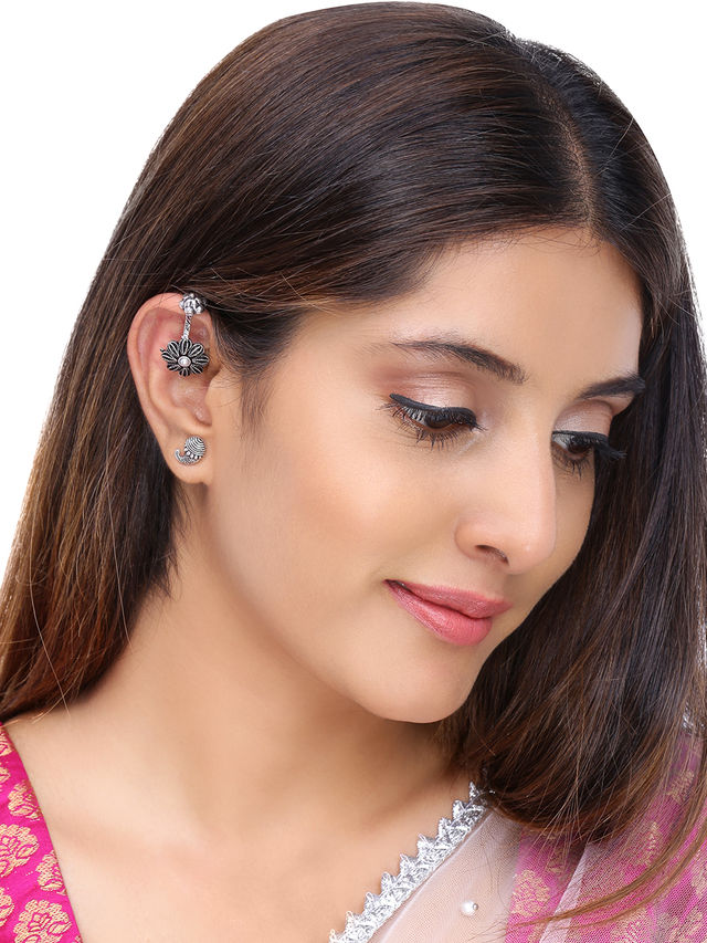 Yellow Chimes Combo of 3 Pairs Silver Oxidised Ear Cuffs