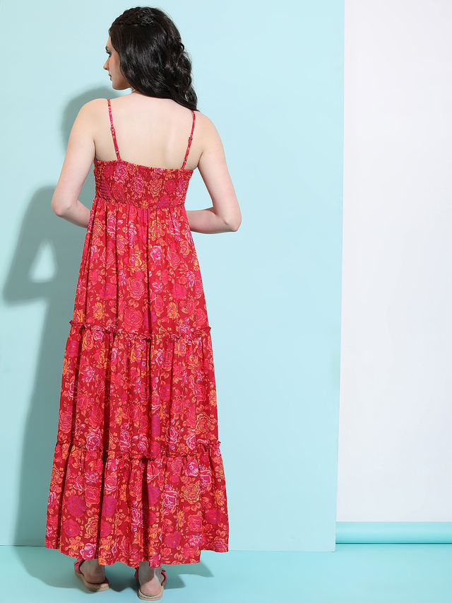Tokyo Talkies Women's Floral Printed Fit and Flare Maxi Dress with Pleats | Red - M