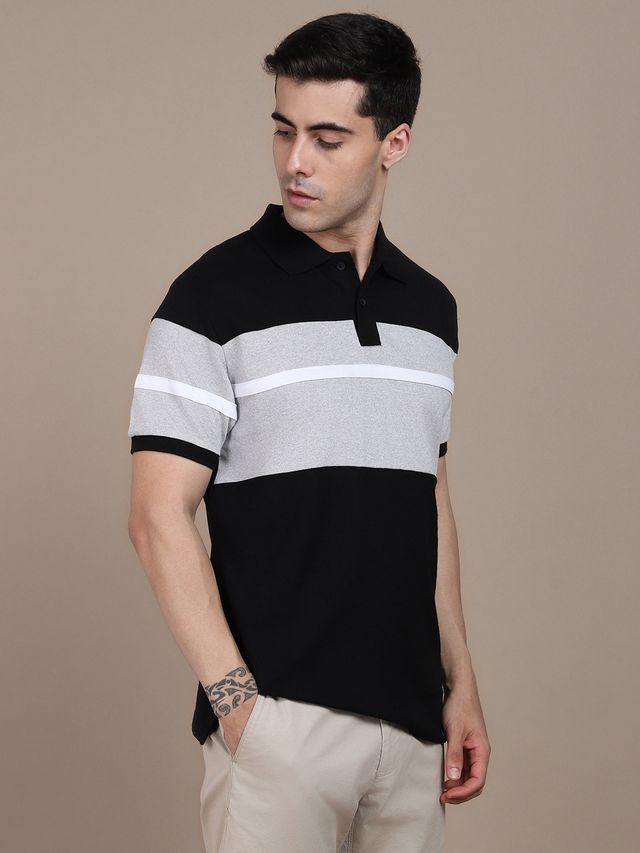 Dennis Lingo Men'striped Polo Collar Pure Cotton T-shirt | Black | L