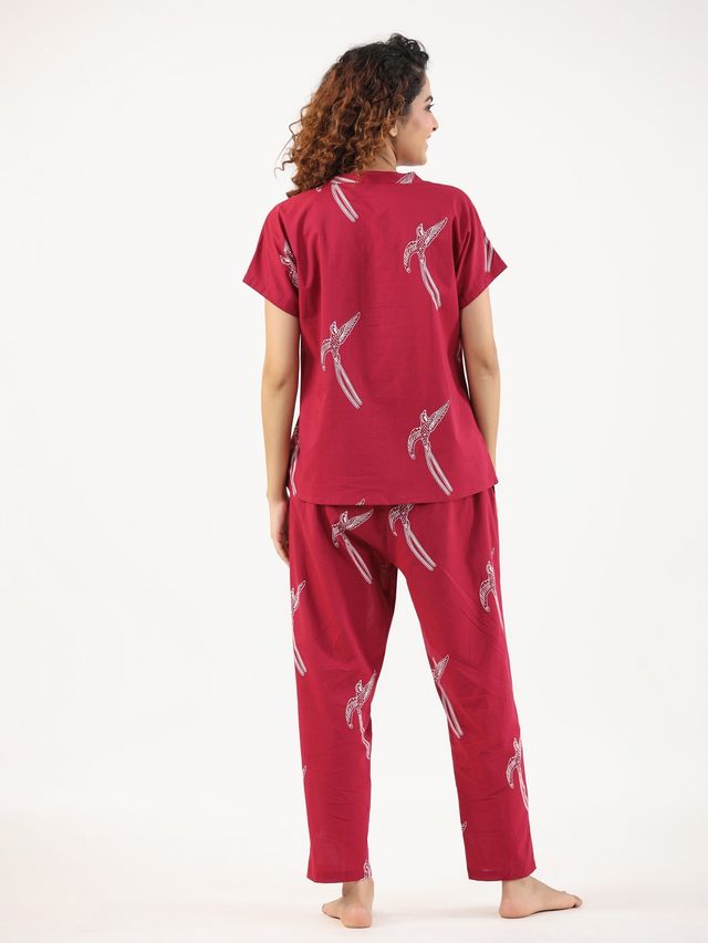 Sanskrutihomes Conversational Printed Mandarin Collar Pure Cotton Night Suit | Magenta - L