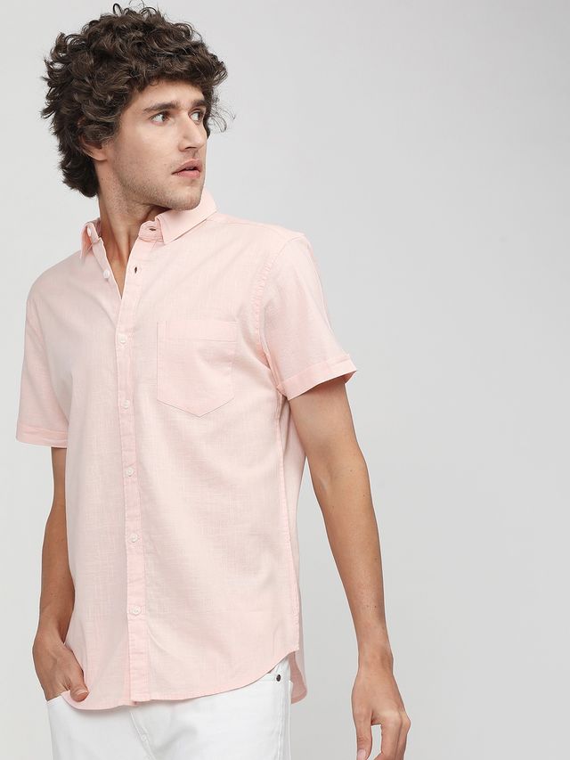 Ketch Men Slim Fit Solid Cut Away Collar Casual Shirt | Pink | M