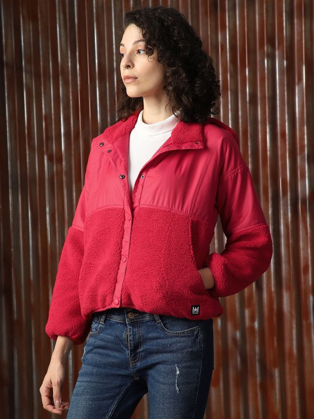 High Star Women's Self Design Hooded Front-Open Sweatshirt | Red - L