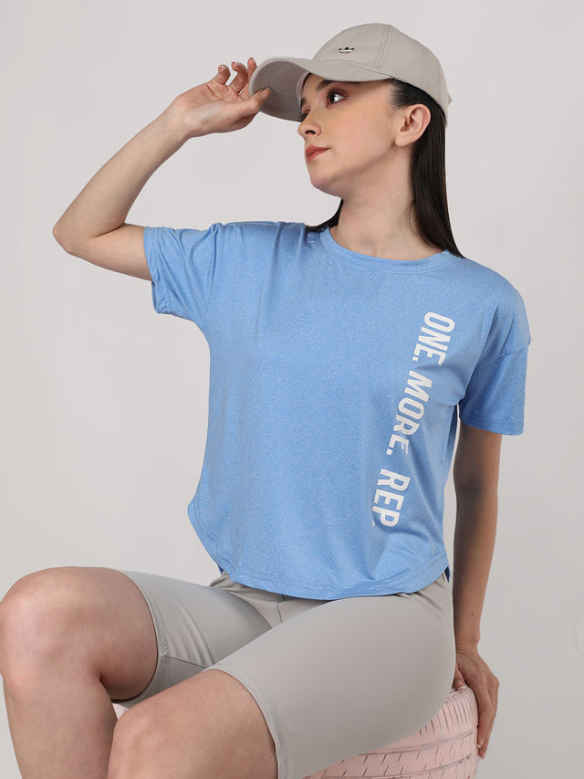 Chkokko Women's Round Neck Dry Fit Gym Sports Printed T-shirt | Self Blue - L