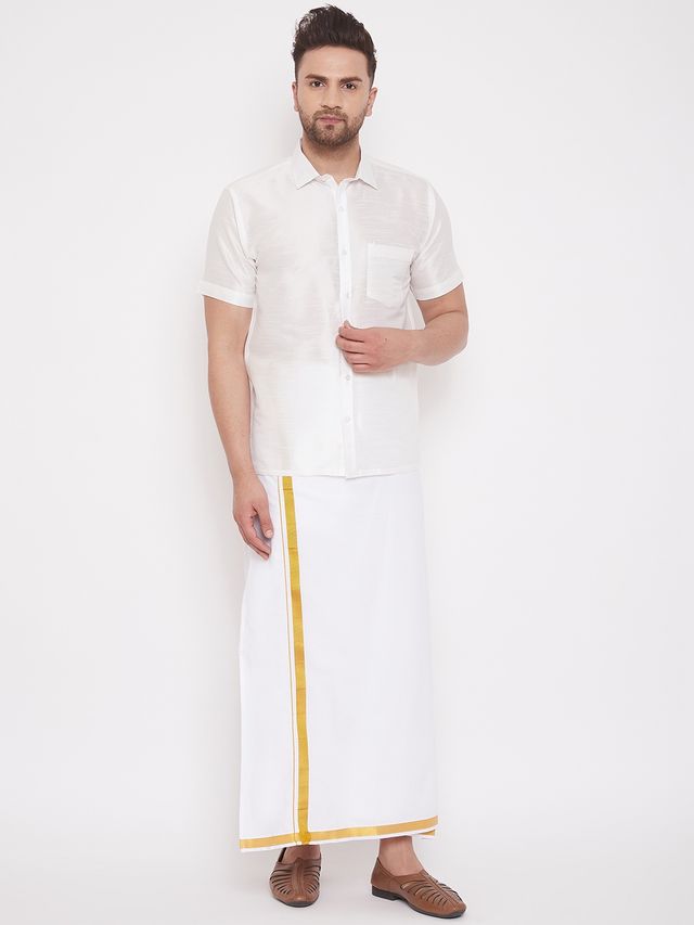 Vastramay Men's Silk Blend Ethnic Shirt | White - L