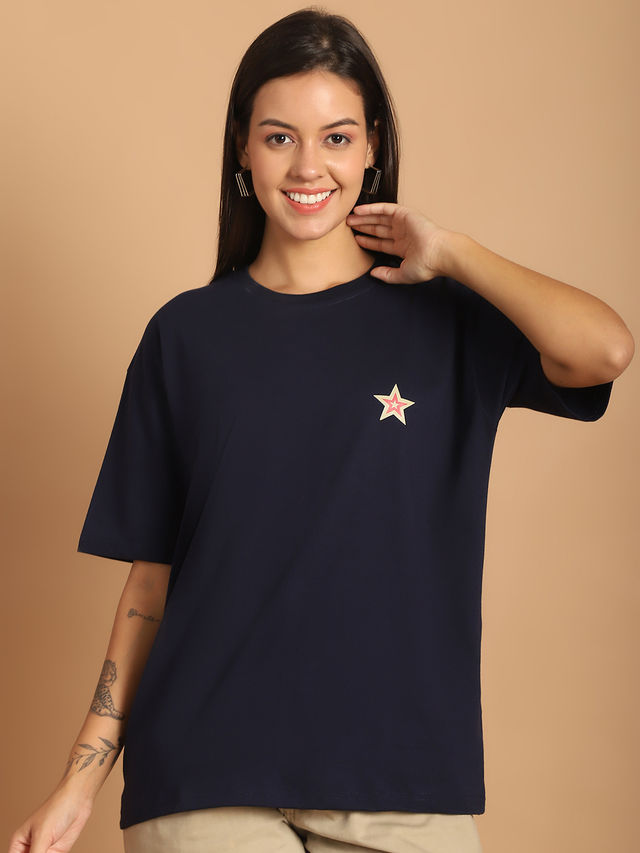 Fabflee Women Oversize Cotton Printed Round Neck Tshirt | Dark Blue | FAB-OS-506 | XL