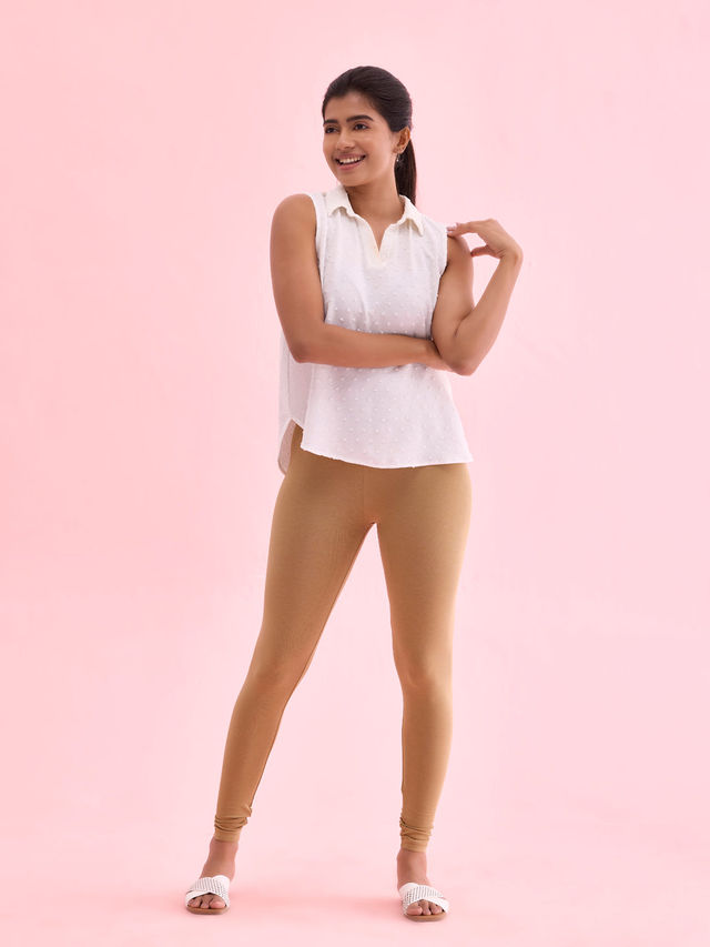Go Colors Women's Solid Mid Rise Ankle Length Leggings | Beige - L