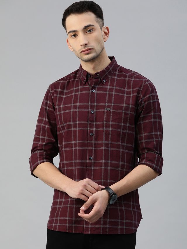 The Bear House Men Slim Fit Checked Button-Down Casual Shirt - Andreas | Maroon | L