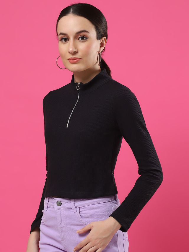 Rigo Women High Collar Half Zipper Waffle Knit Top | Black - L