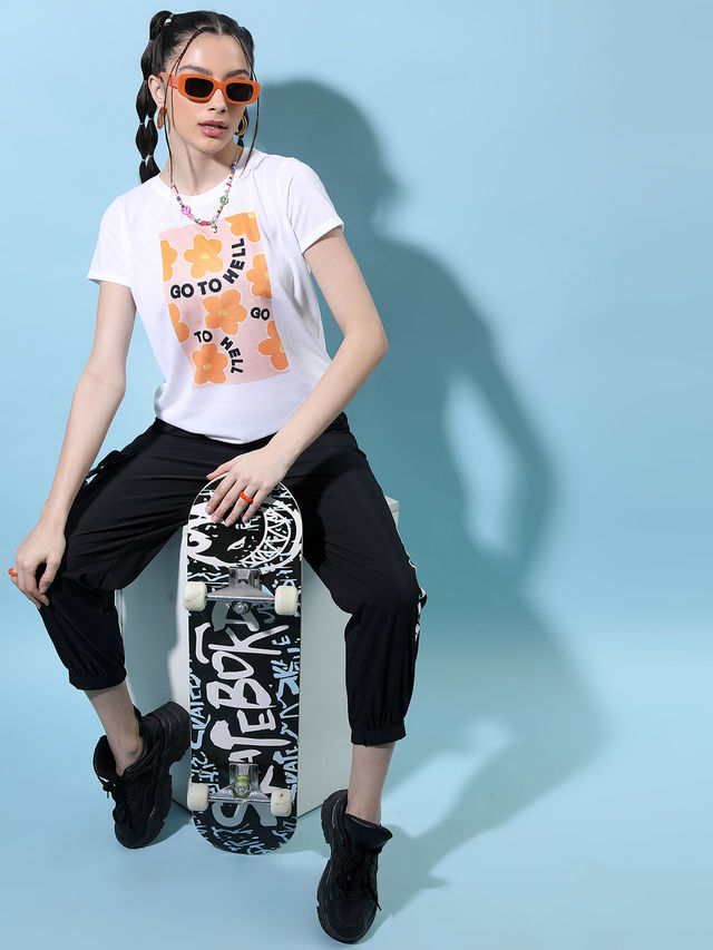 Tokyo Talkies Women's Floral Printed Round Neck T-Shirt | White - M
