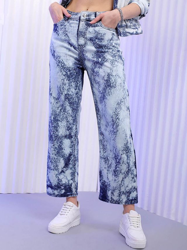 Freehand Women's Tie And Dye Wide Leg Denim Jeans | Blue - 34