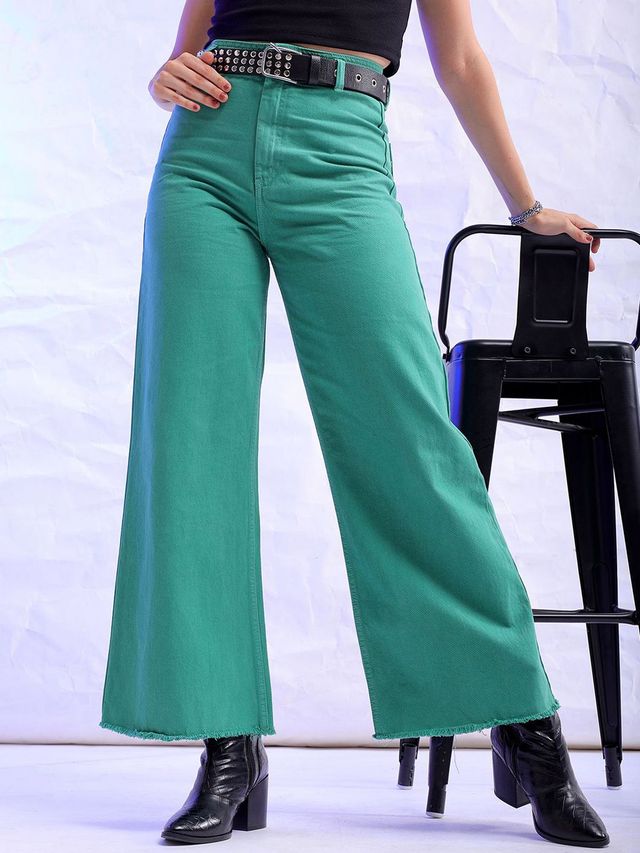 Freehand Women's High Rise Clean Look Over Dyed Bootcut Raw Edge Jeans | Green - 32